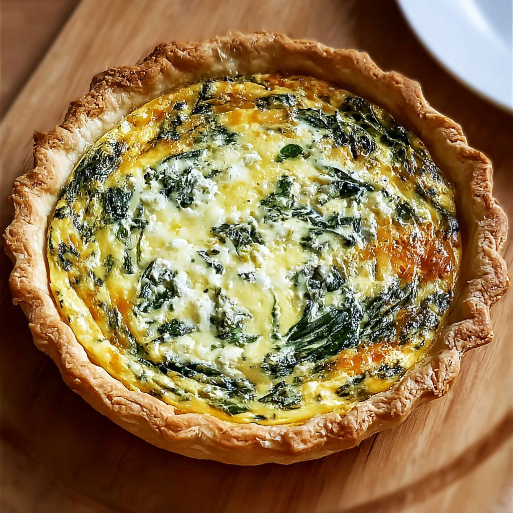 A spinach quiche dish on a wooden table.