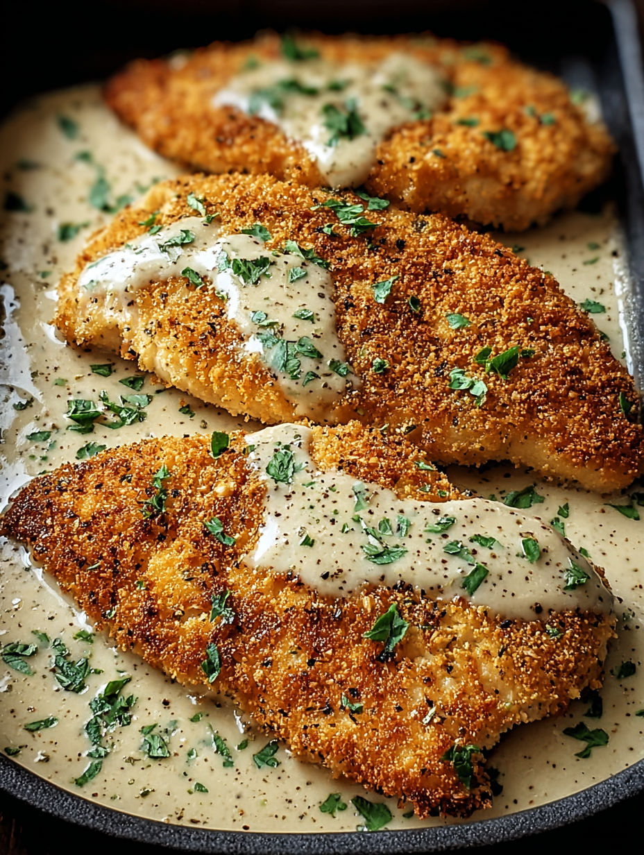 Parmesan crusted chicken with garlic sauce.
