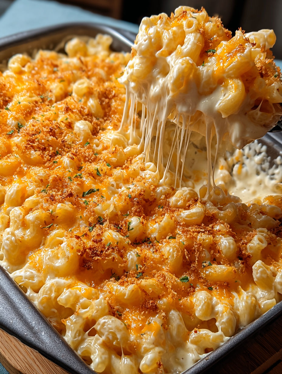 A close up of a pan of macaroni and cheese.