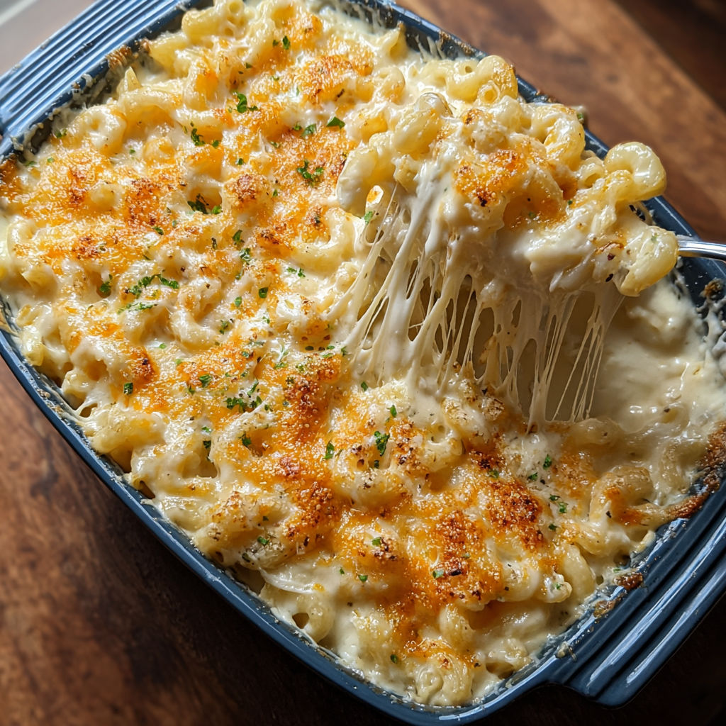 A blue bowl of macaroni and cheese.