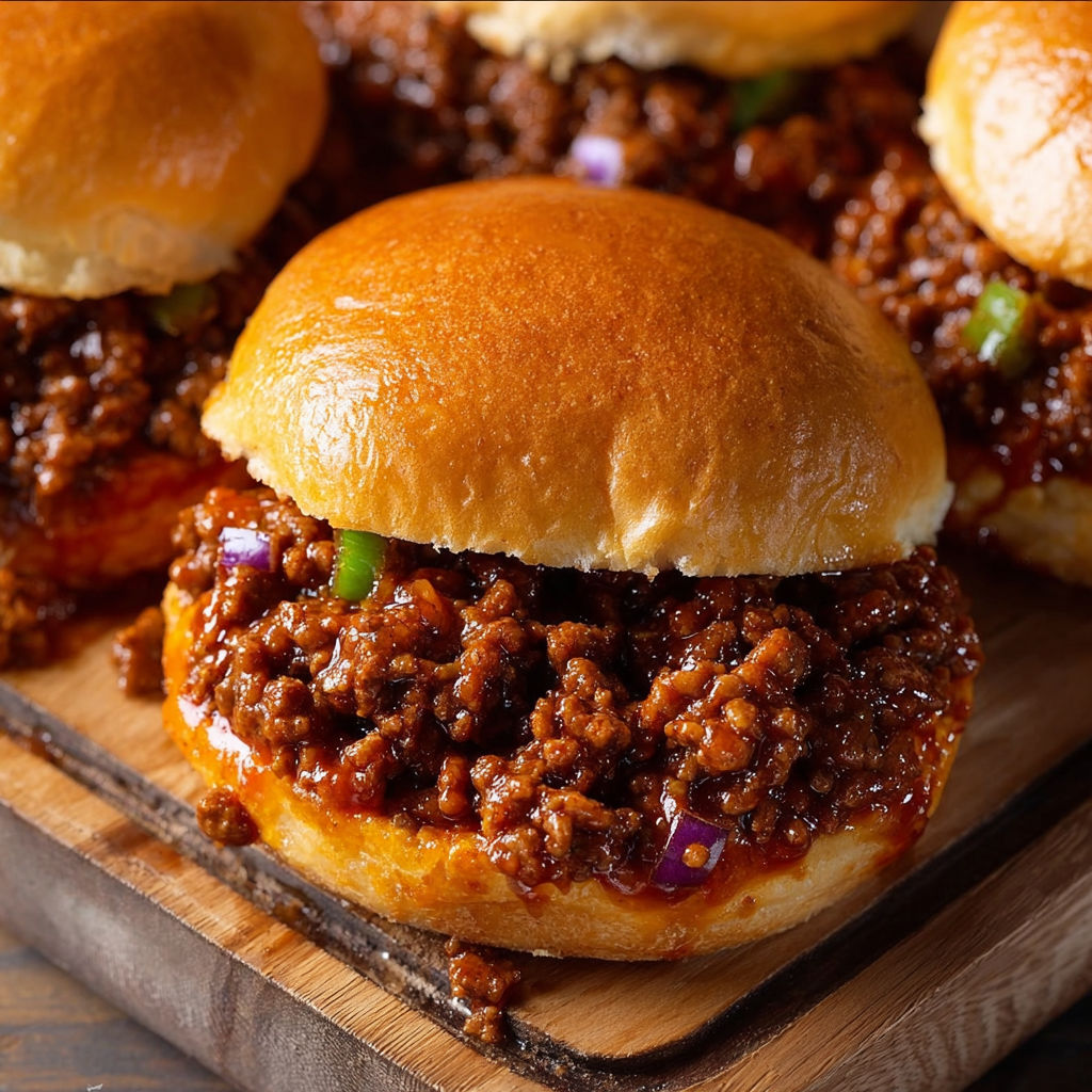 A plate of sloppy joes on a wooden table.