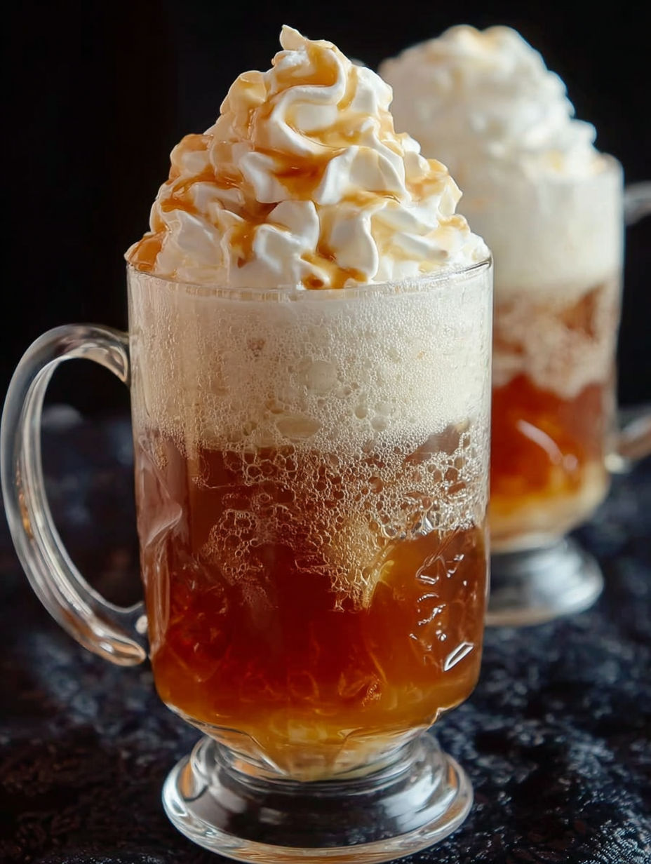A glass of Butterbeer with whipped cream on top.