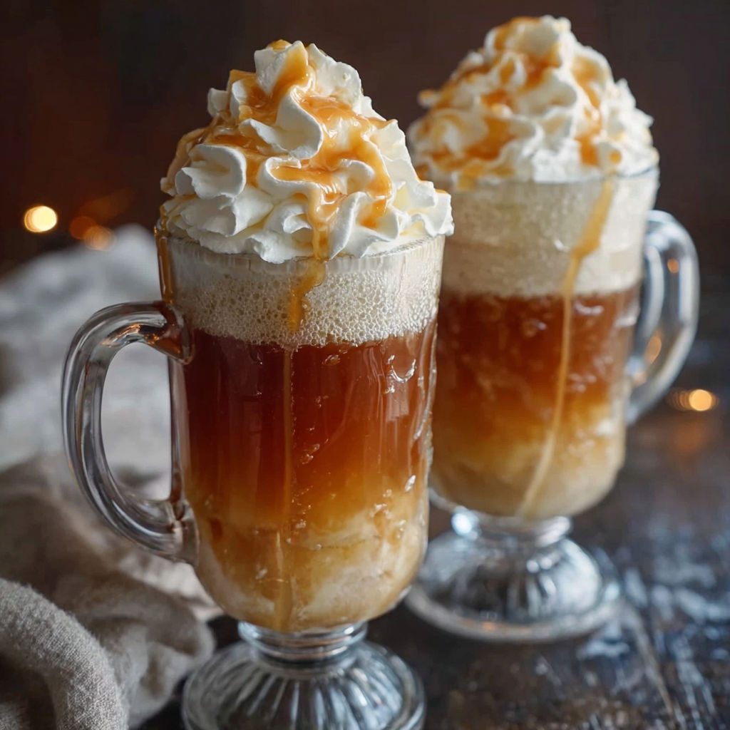 Two glasses of Butterbeer with whipped cream.