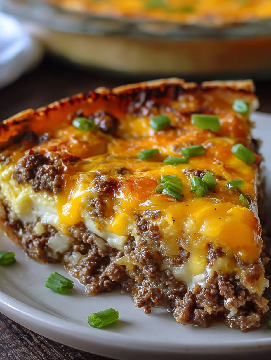 A slice of cheeseburger pie on a plate.