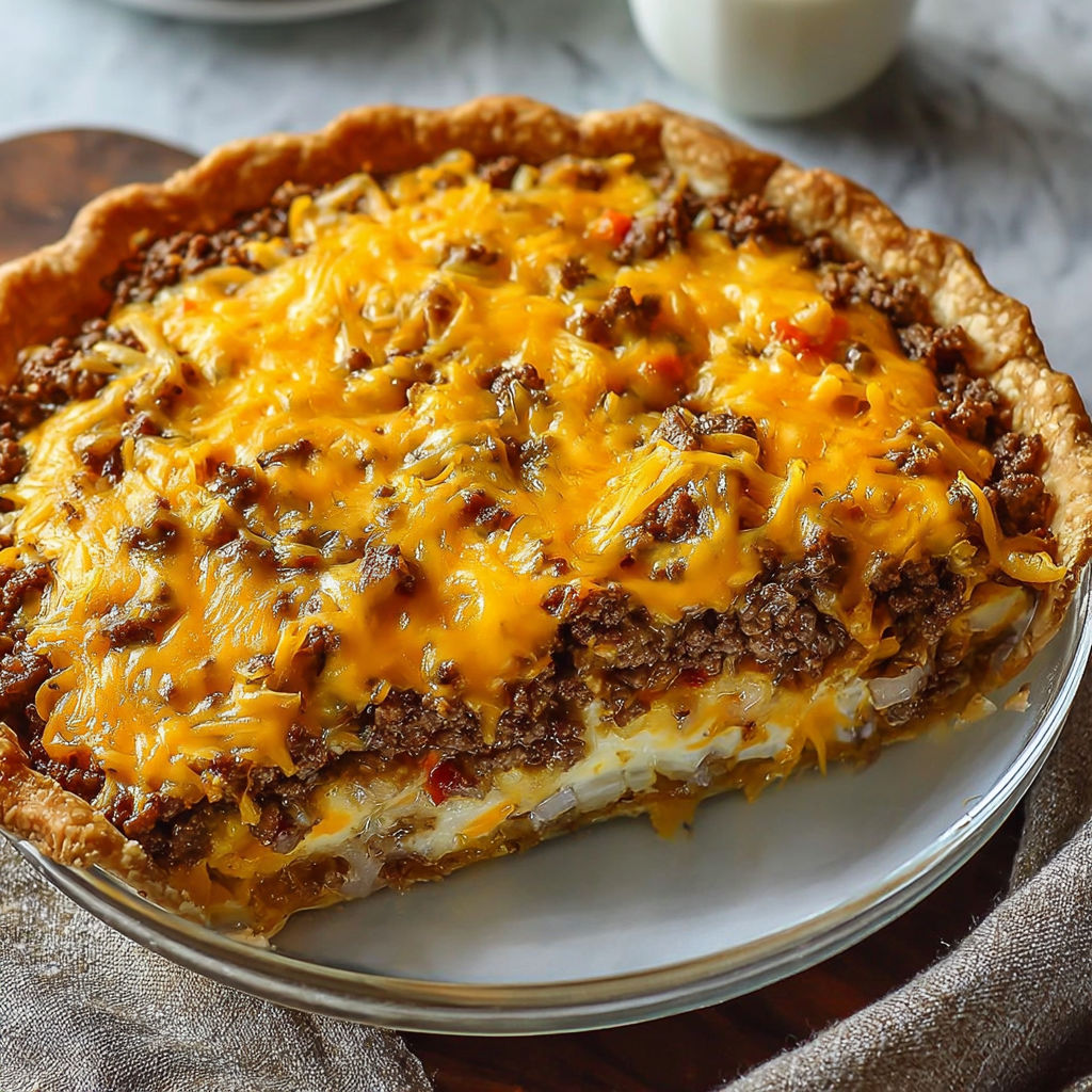 A slice of cheeseburger pie on a plate.