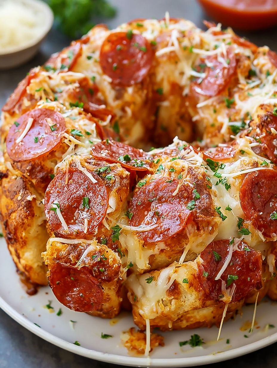 A pizza monkey bread with pepperoni on top.