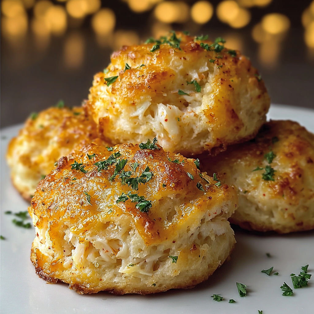 Three crab stuffed cheddar bay biscuits on a plate.