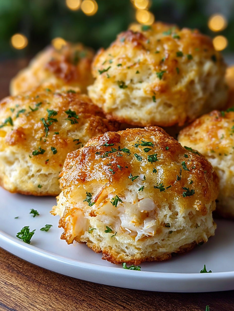 A plate of crab stuffed cheddar bay biscuits.
