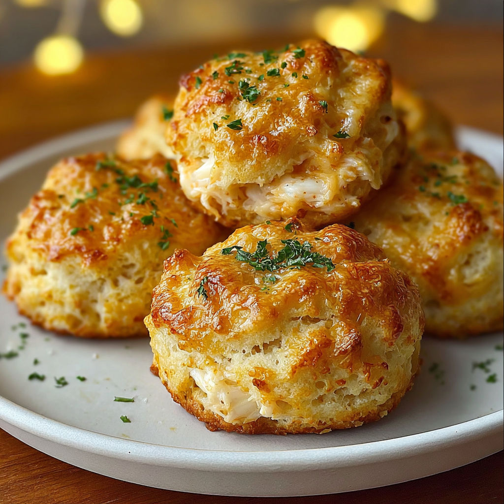 A plate of crab stuffed cheddar bay biscuits.