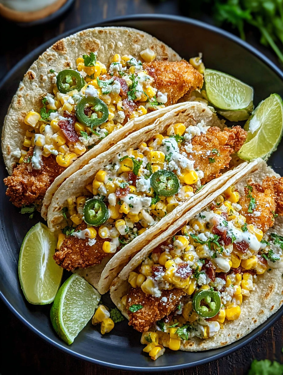 Two street corn chicken tacos with corn and cheese.