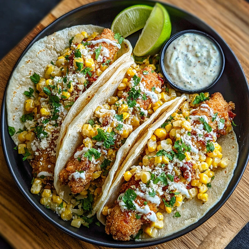 A plate of street corn chicken tacos.
