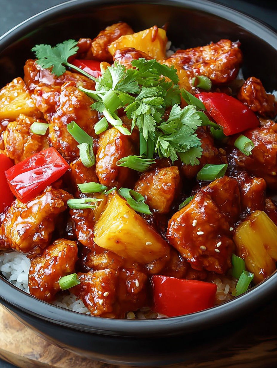 A bowl of sweet Hawaiian chicken meal.