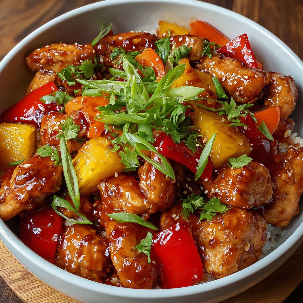 A bowl of sweet Hawaiian chicken meal.