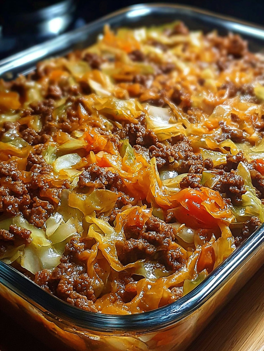 A savory cabbage beef bake in a pan.