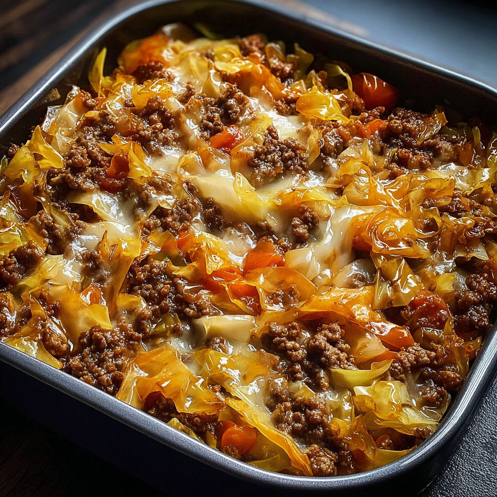 A savory cabbage beef bake in a pan.