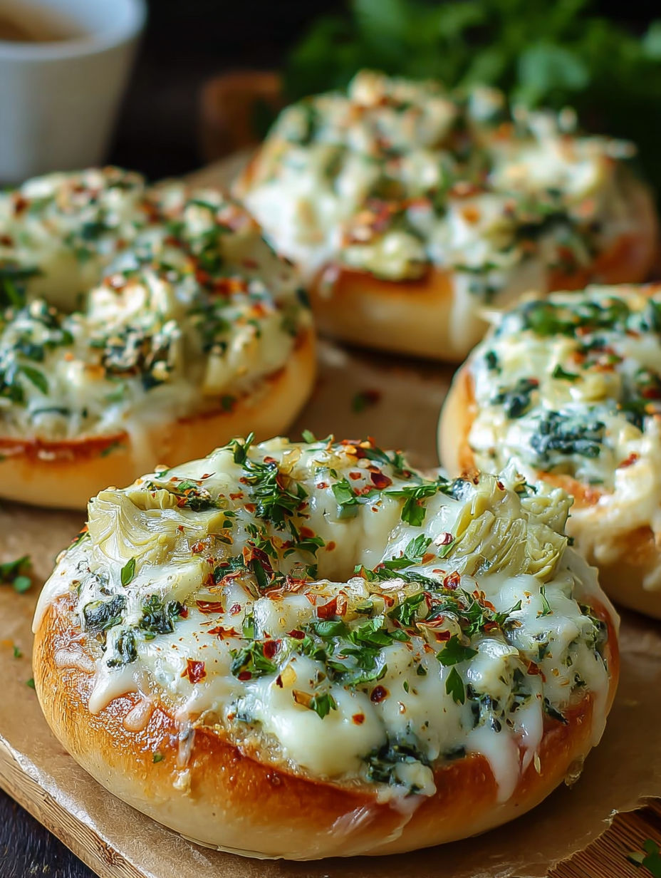 Bagels with cheese and spinach.