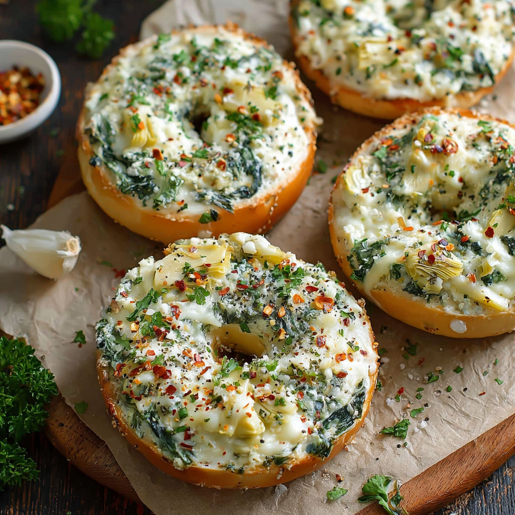 Three cheesy spinach artichoke bagels on a wooden table.