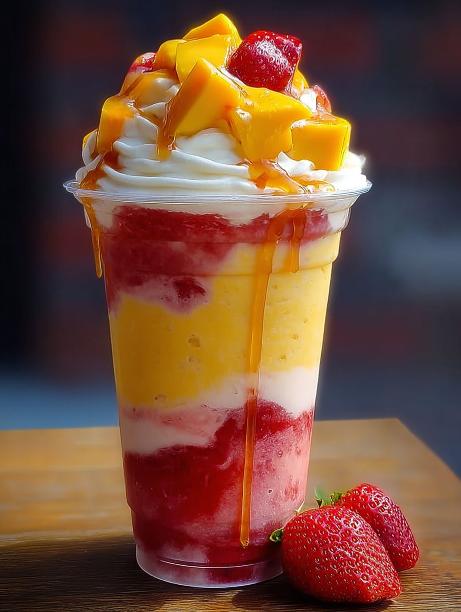 A cup of Mango Strawberry Sunrise Frappuccinos.