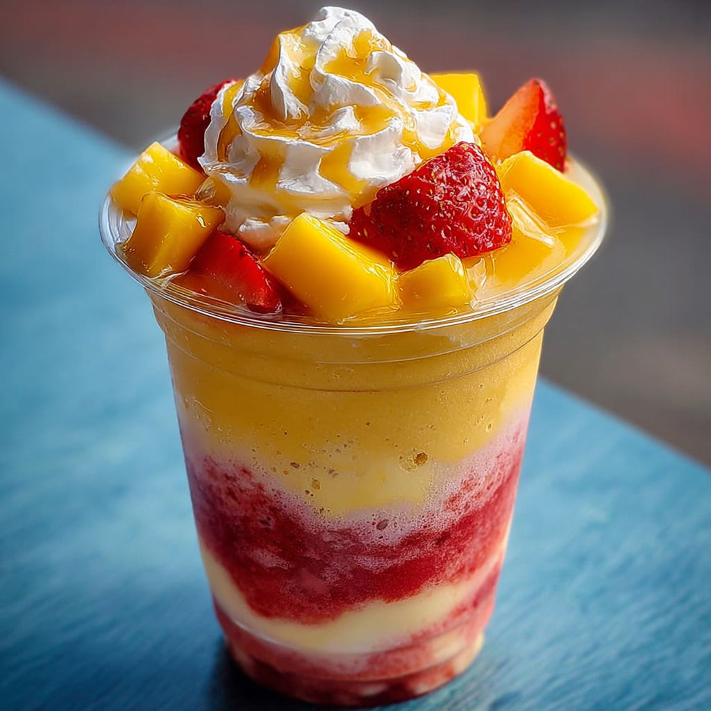 A cup of mango strawberry sunrise frappuccino.