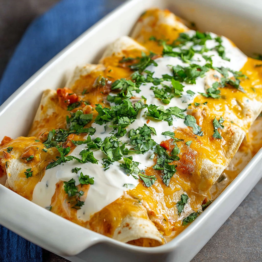 A white bowl filled with sour cream chicken enchiladas.