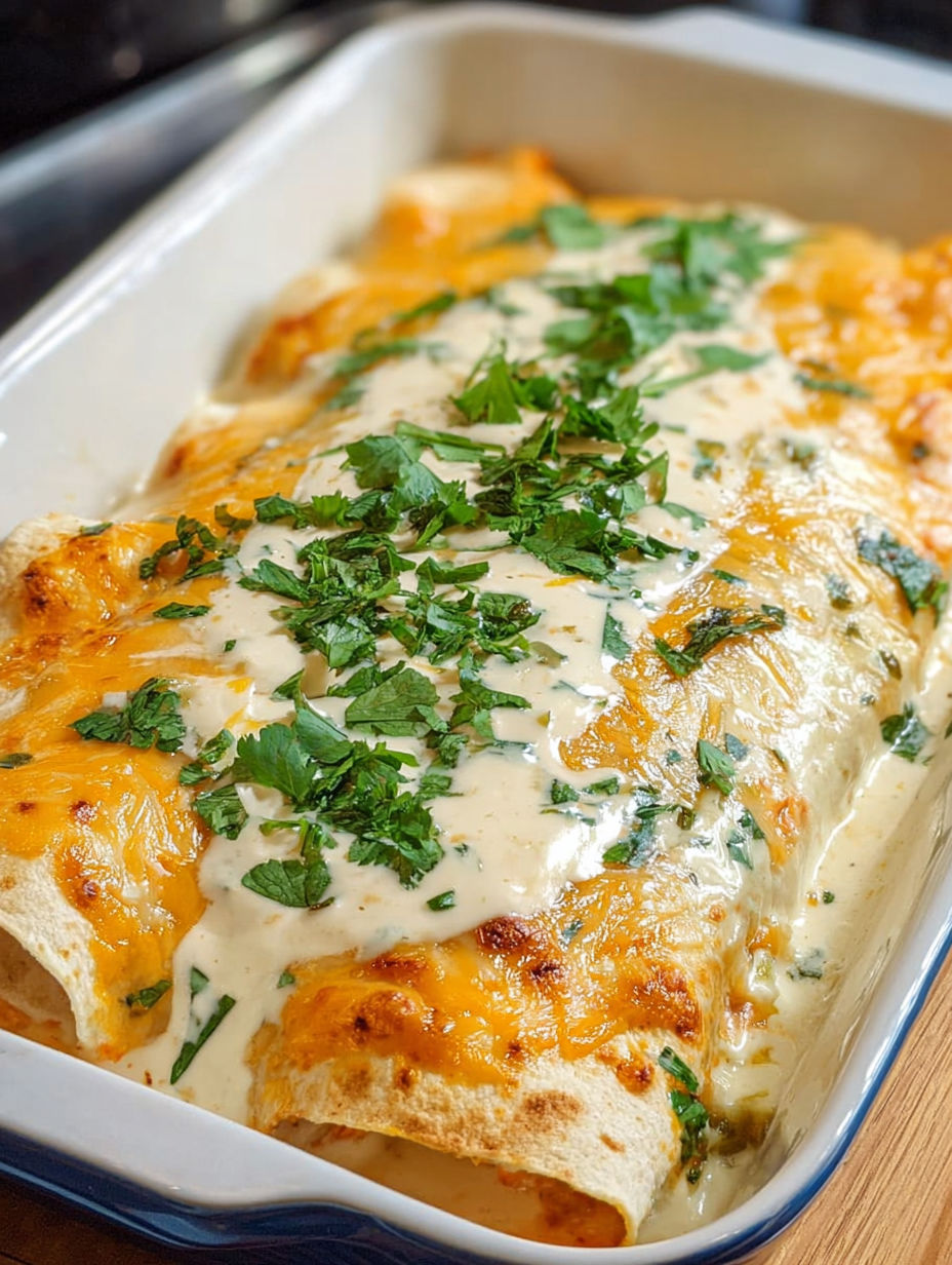 A dish of Sour Cream Chicken Enchiladas.