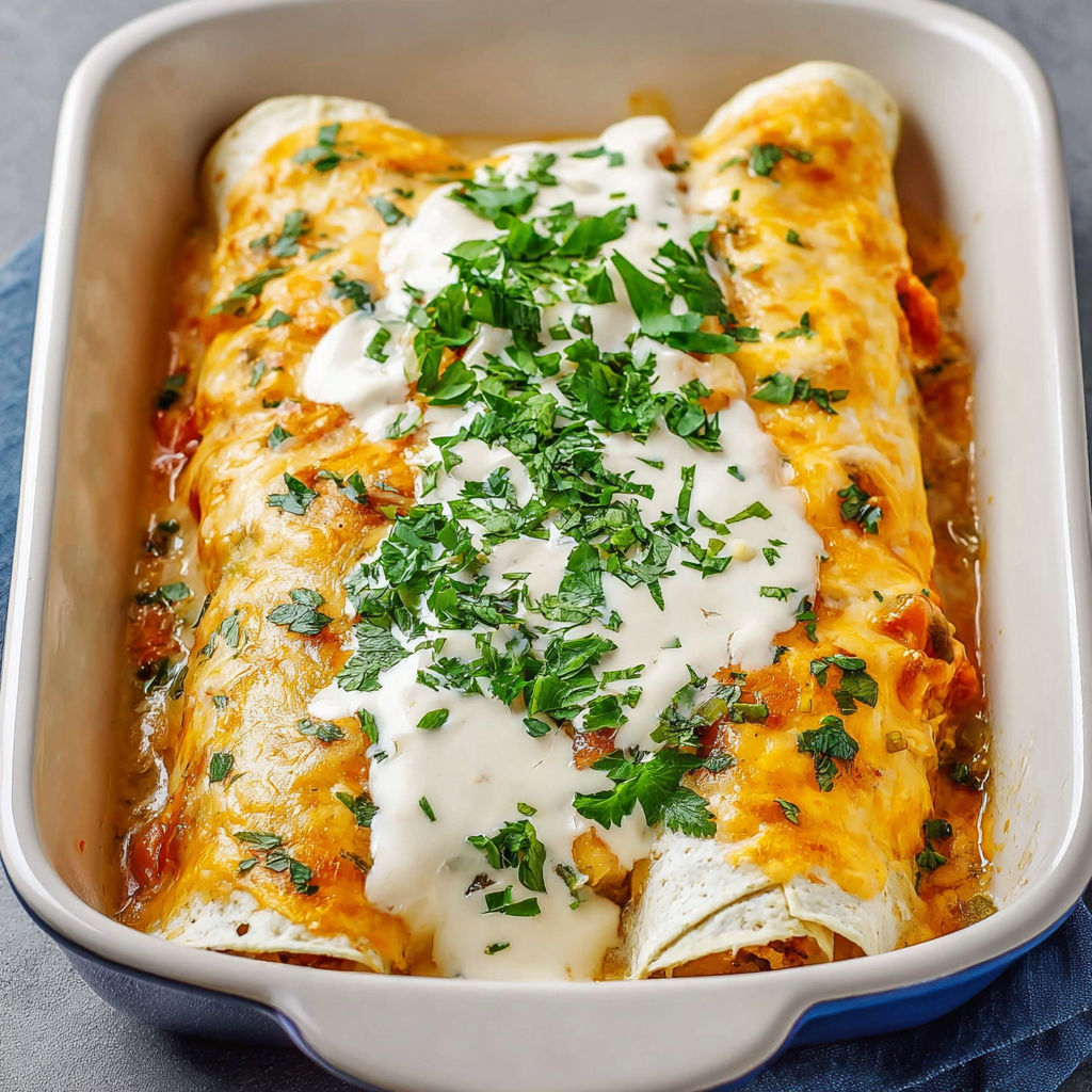 A dish of Sour Cream Chicken Enchiladas.