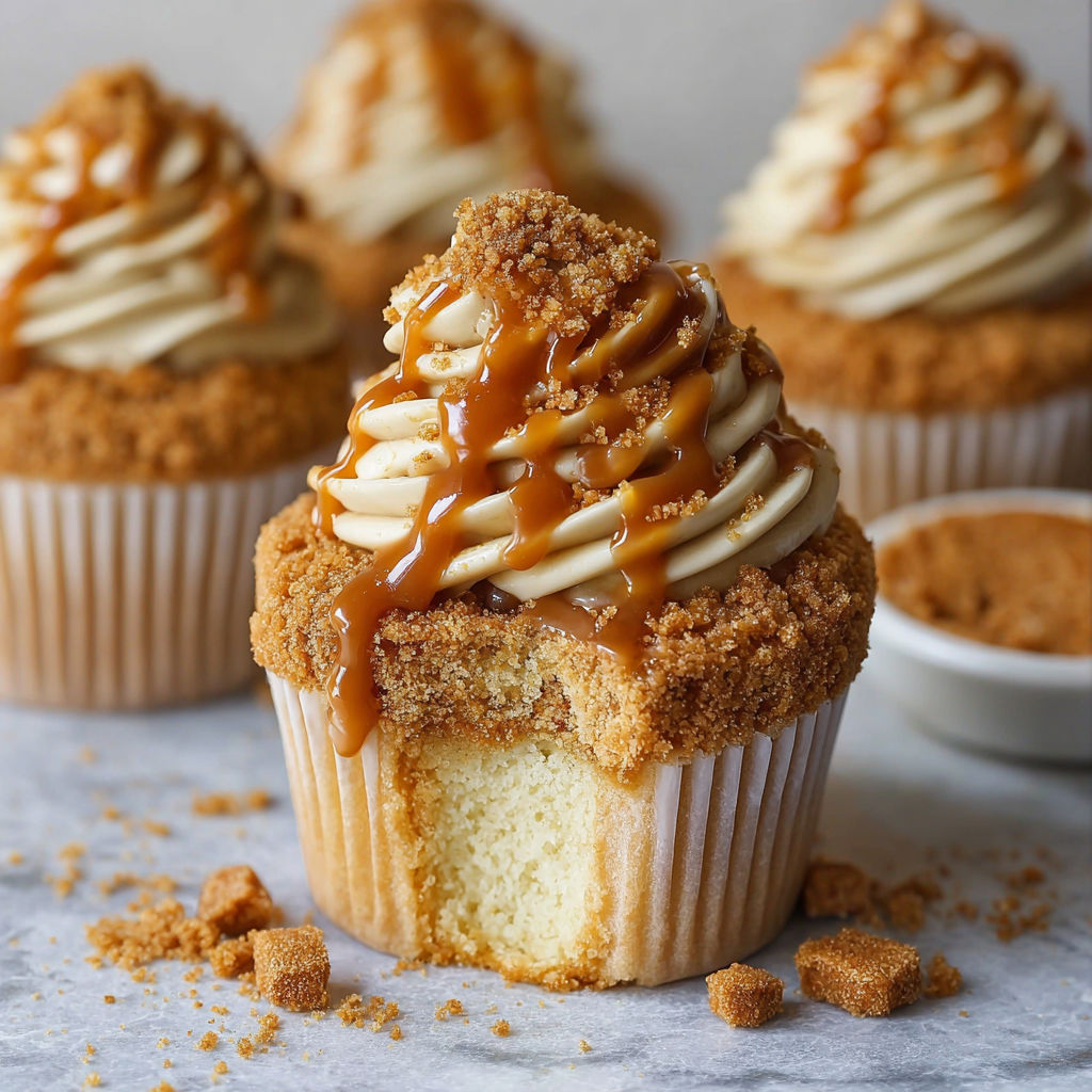 A churro caramel crunch cupcake with a drizzle of caramel.