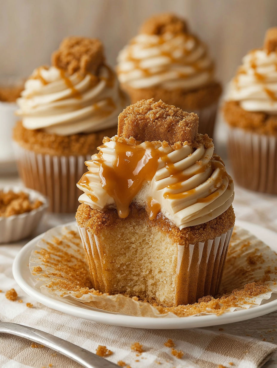 A cupcake with caramel drizzle on top.