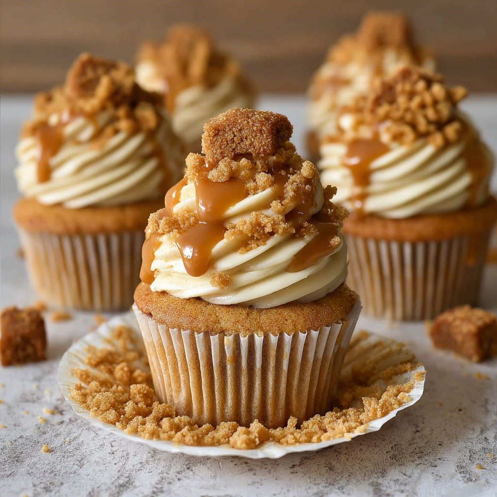 A cupcake with caramel and crunch toppings.