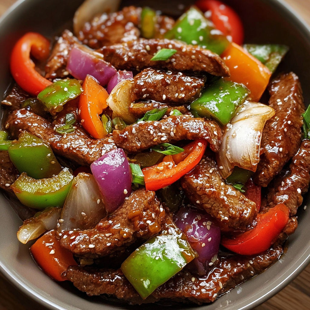 A bowl of Chinese Pepper Steak Stir Fry.