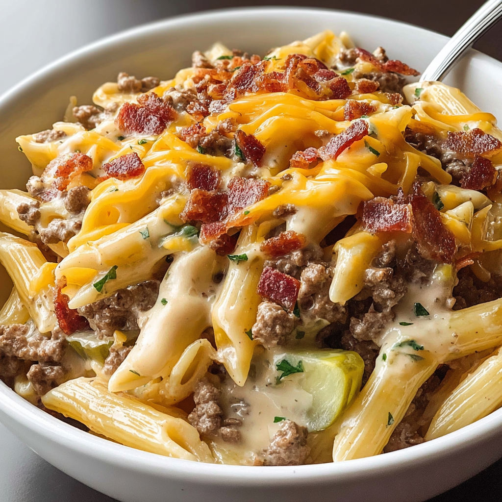 A bowl of pasta with bacon and cheese.