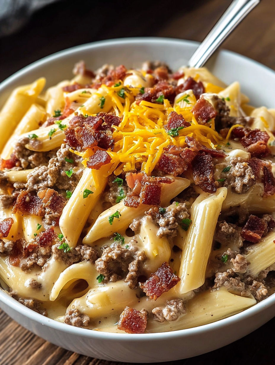 A bowl of pasta with bacon and cheese.