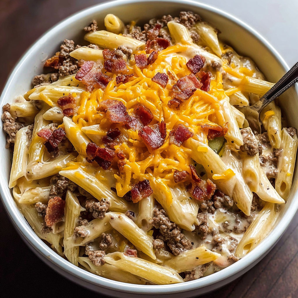 A bowl of pasta with bacon and cheese.