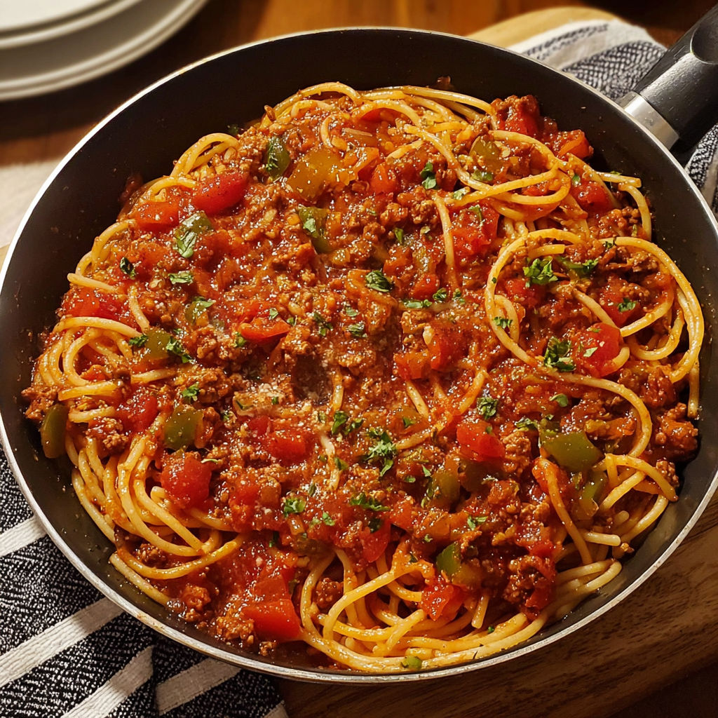 A skillet filled with spaghetti and meat sauce.