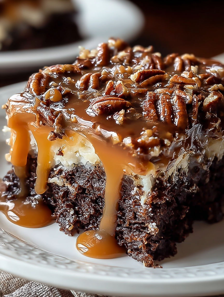 A slice of German Chocolate Poke Cake.