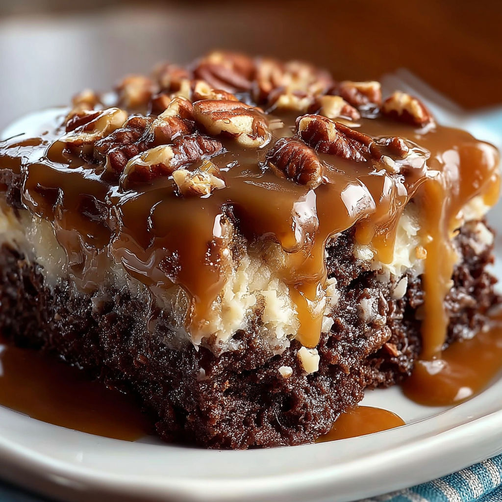A slice of German Chocolate Poke Cake.