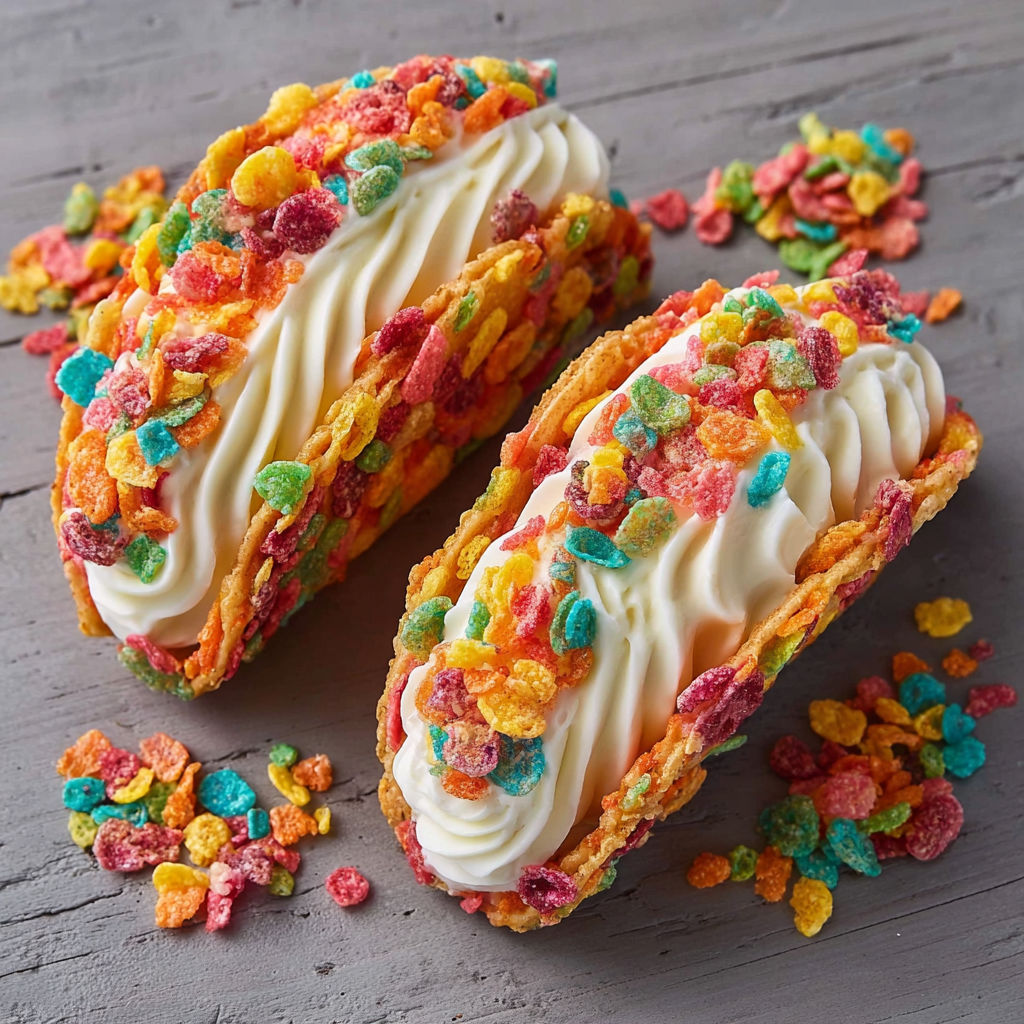 Two Fruity Pebbles Cheesecake Tacos.