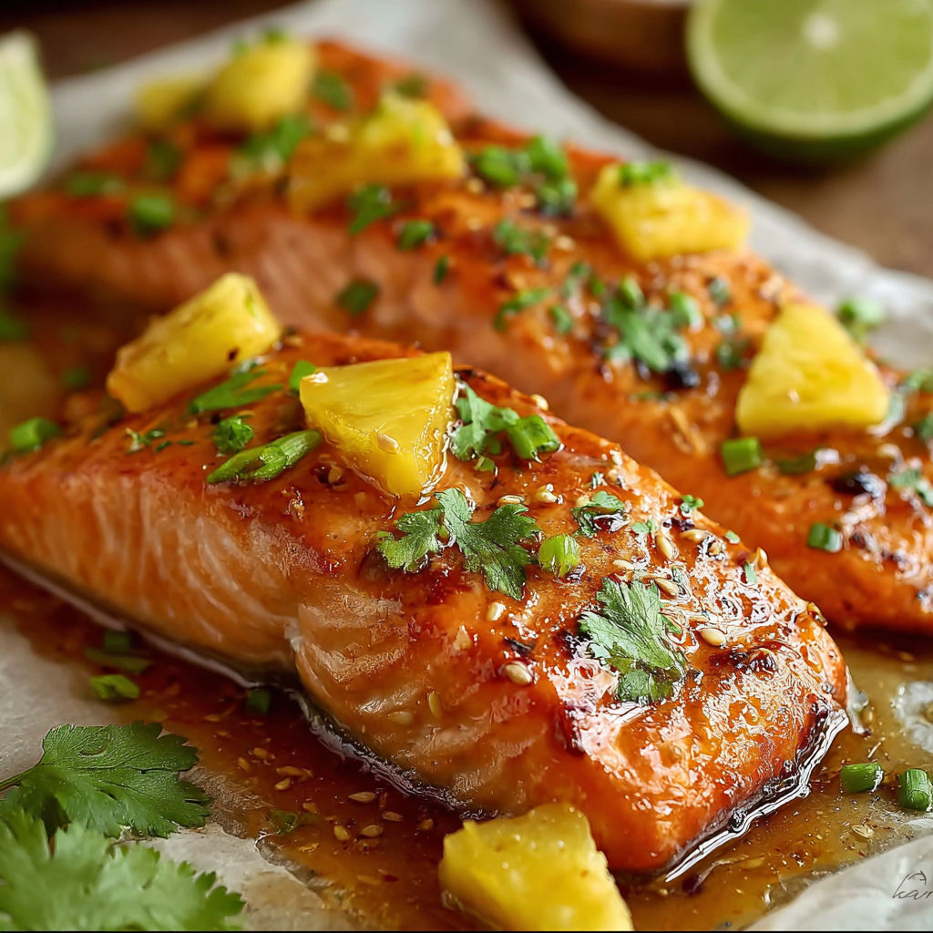 Two pieces of salmon with pineapple and honey on top.