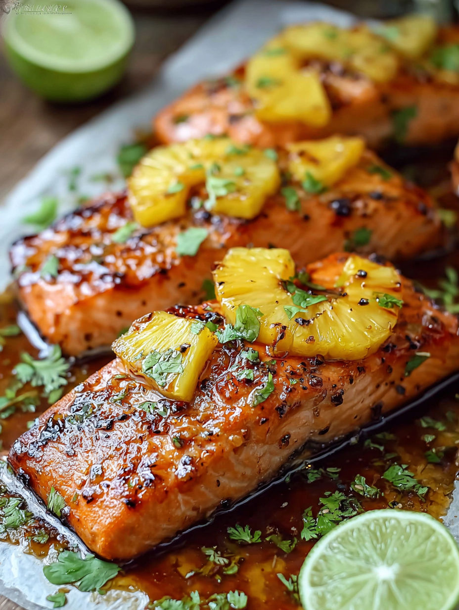 A piece of salmon with pineapple and honey on top.