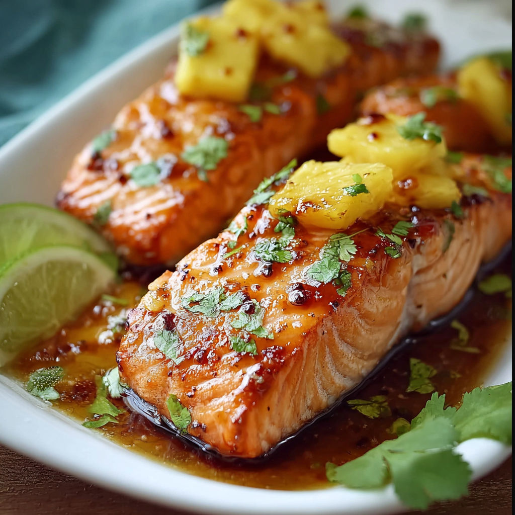 A plate of salmon with pineapple and honey.