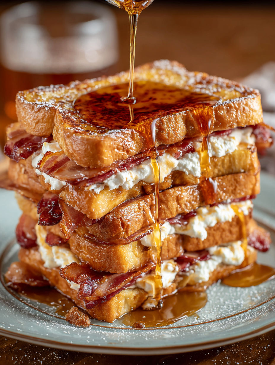 A stack of French toast with maple syrup and bacon.