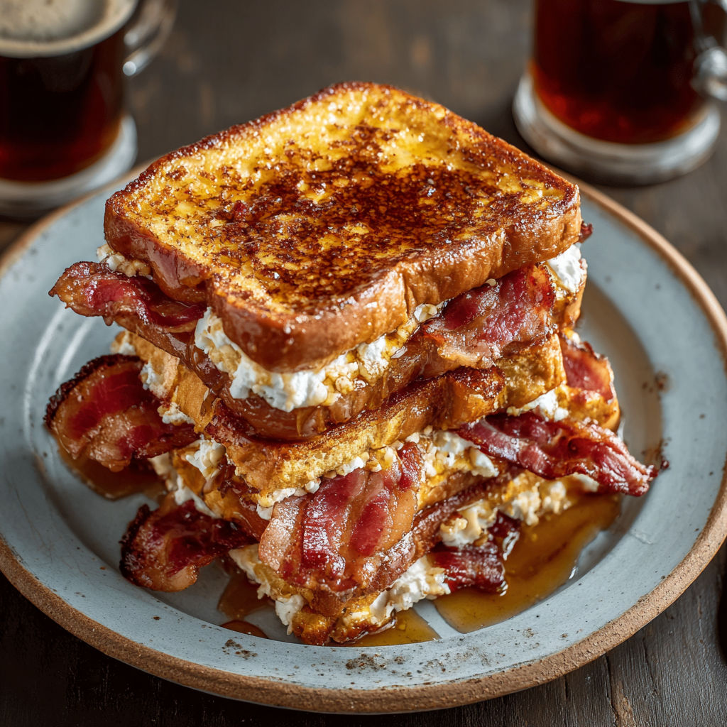A stack of French toast with bacon and maple syrup.