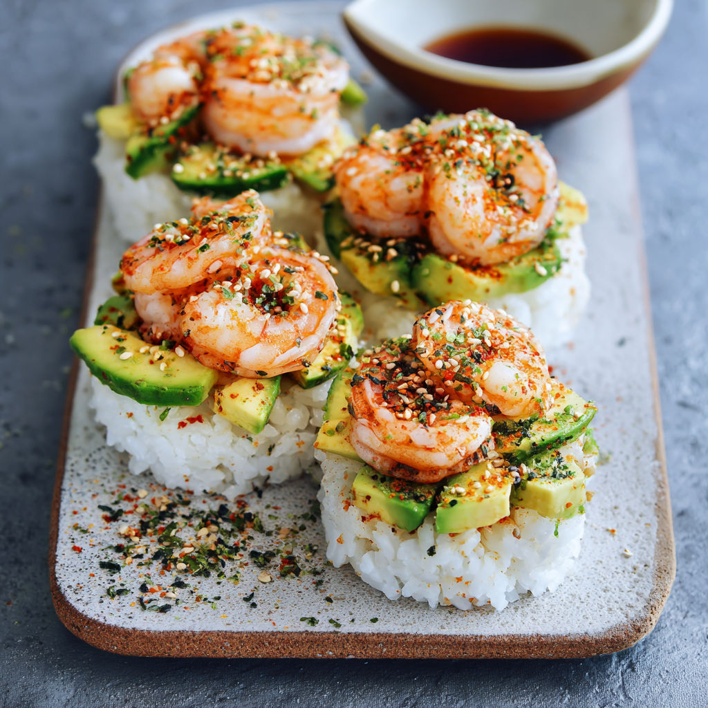 Spicy shrimp sushi stacks on a plate.