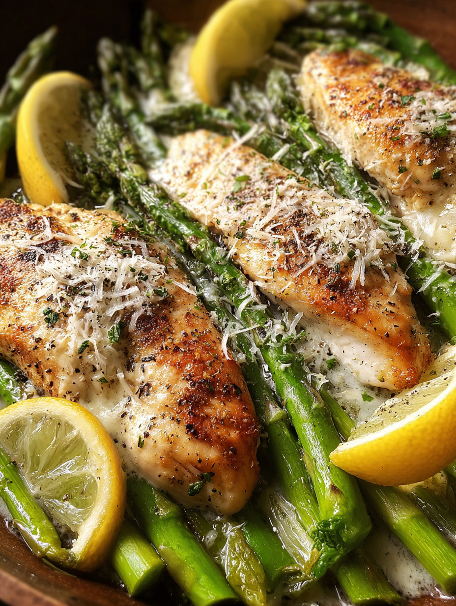 A dish of chicken with asparagus and lemon.