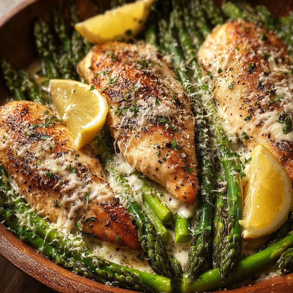 A bowl of chicken with lemon and asparagus.