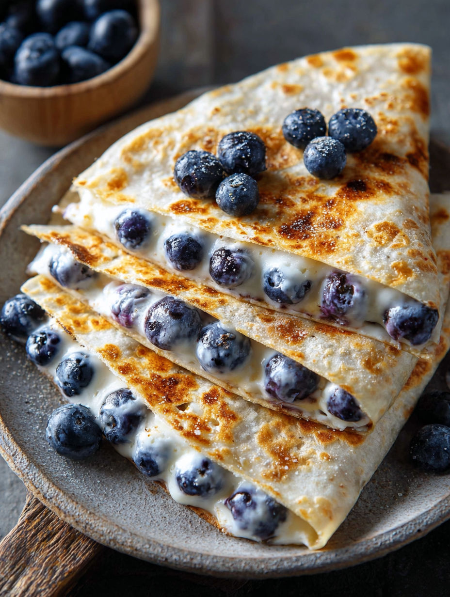 A quesadilla with blueberries and cheese on top.