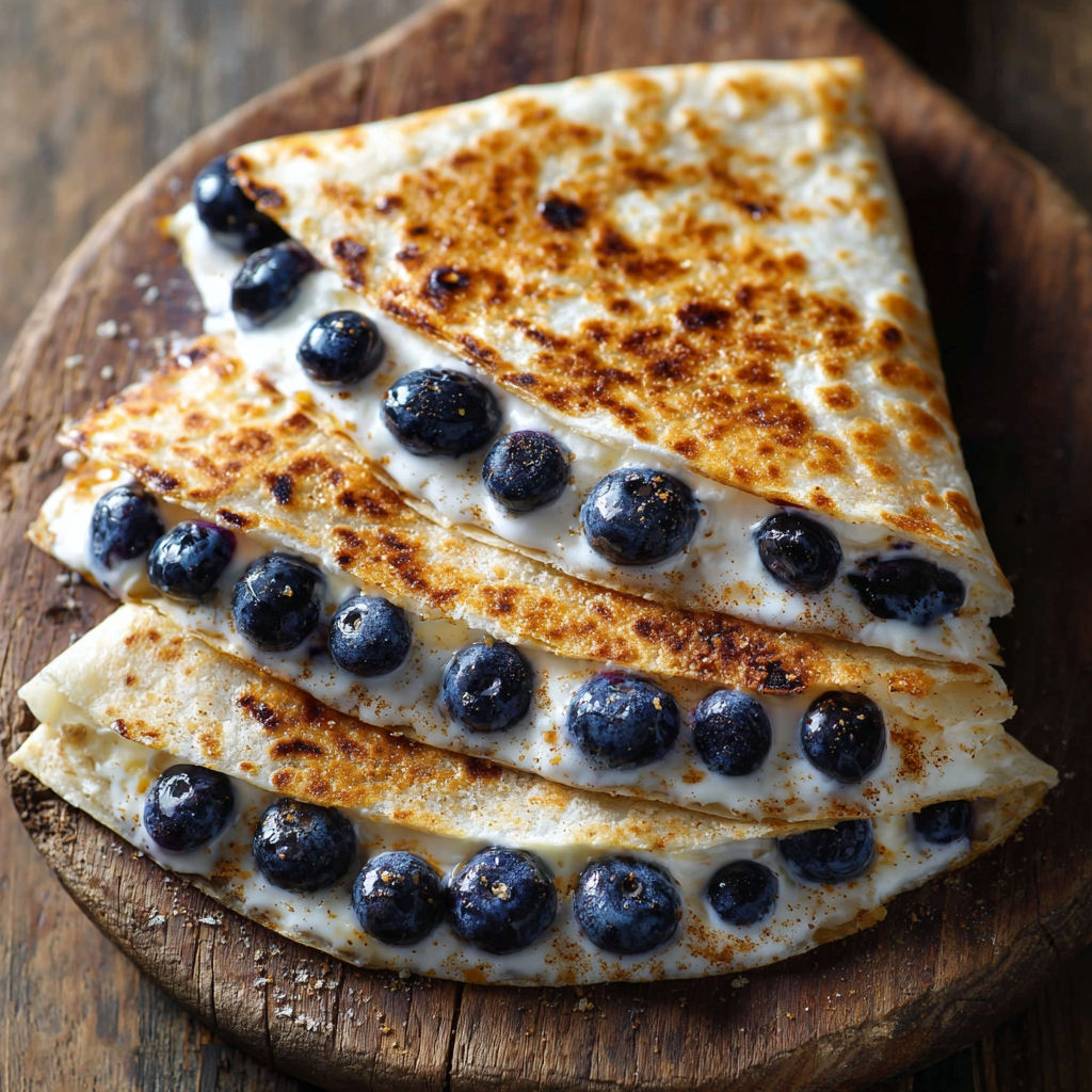 A quesadilla with blueberries on top.