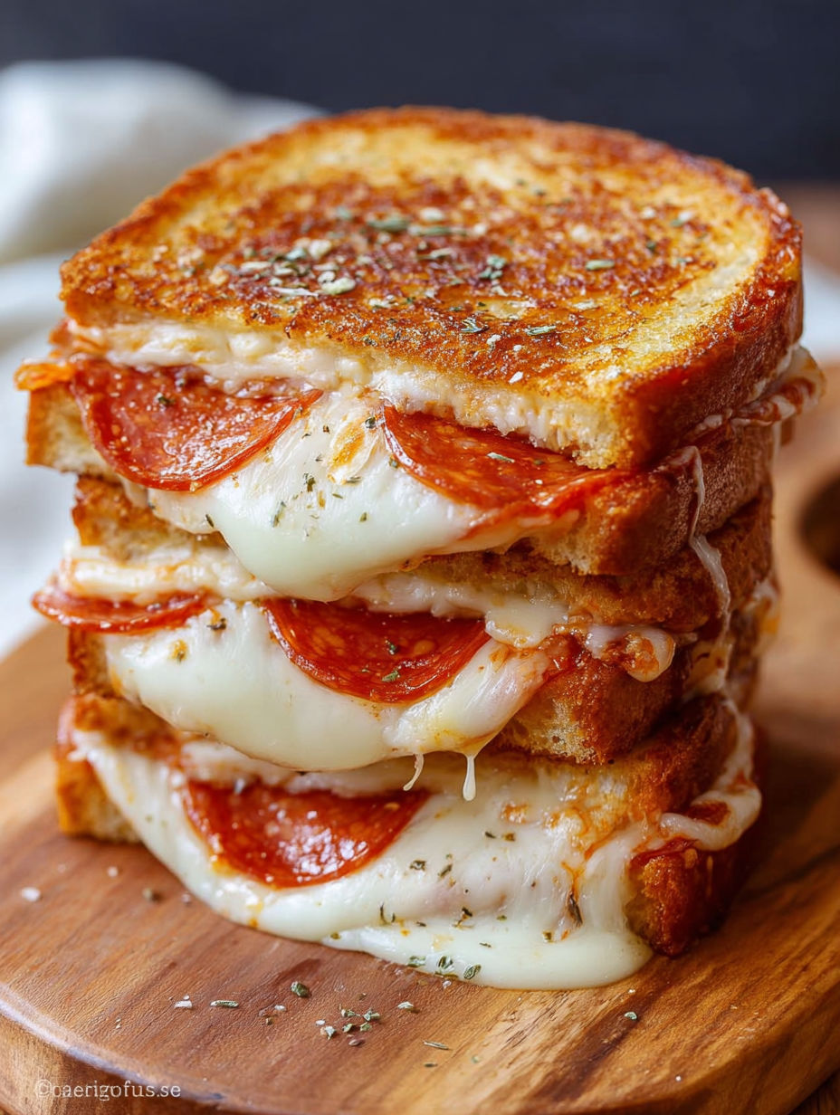A stack of grilled cheese sandwiches with pepperoni.