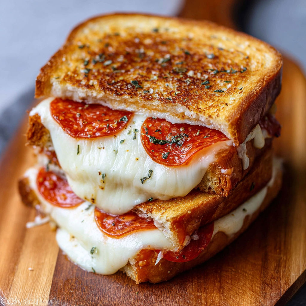 A grilled cheese sandwich with pepperoni on top.