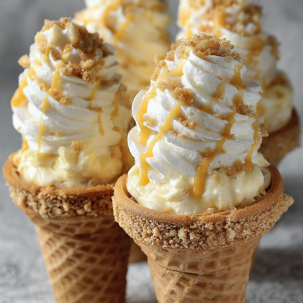 Three scoops of banana pudding cheesecake in cones.